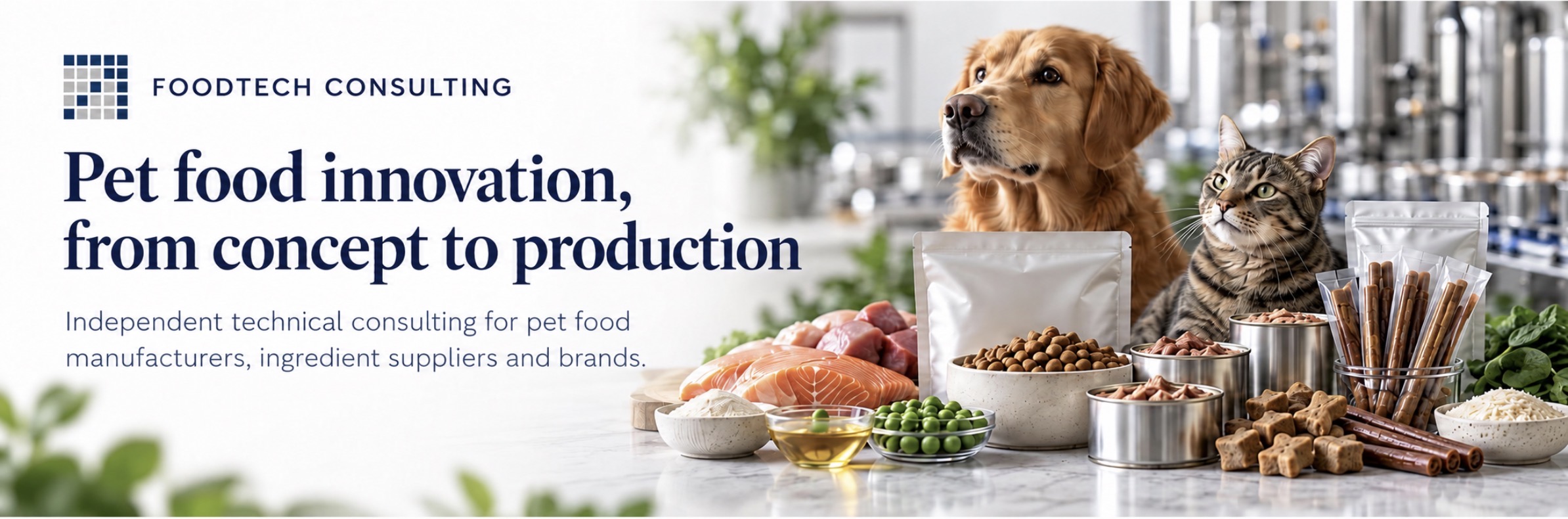 Foodtech Consulting: Pet food innovation, from concept to production. Dog and cat with pet food products and ingredients.